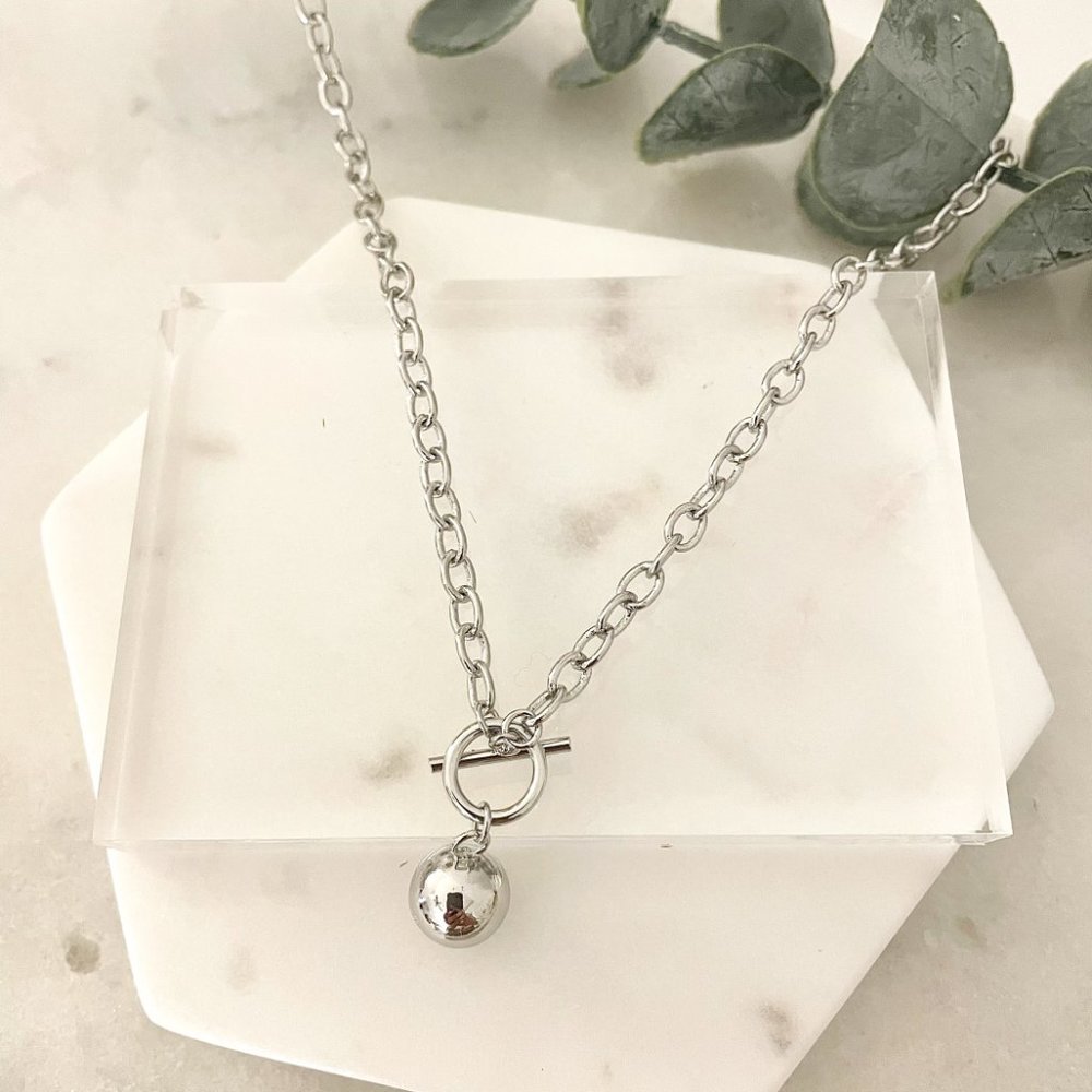 925 Sterling Silver Chunky Toggle Ball Necklace Minimalist Ball Pendant Necklace - Picture 3 of 4